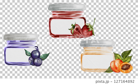 Jam watercolor illustration set. Hand drawn canned sweets on white background. Clip art food. Ideal for packaging goods with jam apricot, blueberry and strawberry. Organic food 127164892
