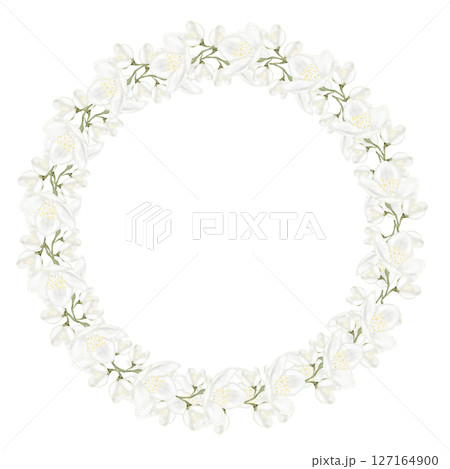 Jasmine white flower watercolor round frame. Hand drawn bud delicate in the shape of a heart. Clip art botanical on white background. Ideal for logo of tea and aromatic products from jasmine 127164900