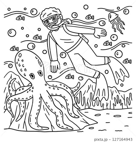 Scuba Diving Male and an Octopus Coloring Page  Scuba Diving Male and an Octopus Coloring Page  127164943