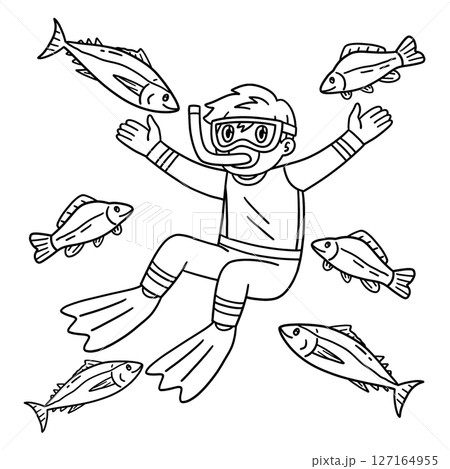 Scuba Diving Male Swimming with Fish Isolated  127164955