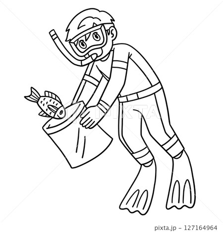 Scuba Diving Male Catching Fish in a Bag Isolated  127164964