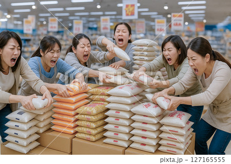 スーパーのお米売り場の備蓄米に殺到する女性、主婦、ママさん 127165555