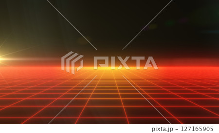 A futuristic digital grid landscape with a glowing red horizon and dark background, evoking retro sci-fi aesthetics A futuristic digital grid landscape with a glowing red horizon and dark background, evoking retro sci-fi aesthetics 127165905