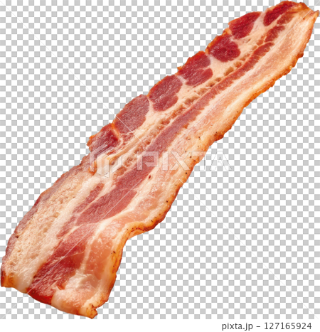Flat cooked bacon strip with fat marbling 127165924