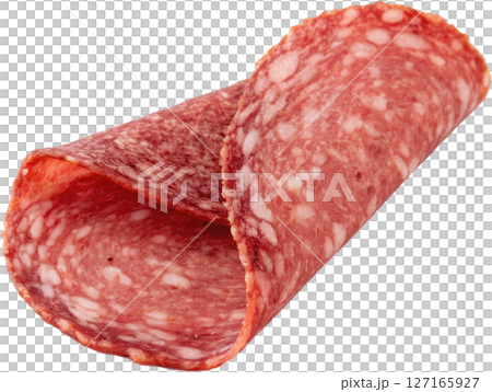 Folded slice of savory salami sausage 127165927