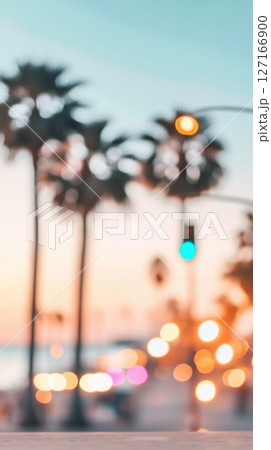 Blurry out-of-focus palm trees at sunset, usable as a background 127166900