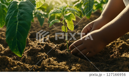 Child planting young sapling in rich soil, symbolizing growth and care Child planting young sapling in rich soil, symbolizing growth and care 127166956