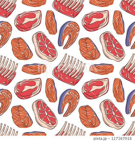 Seamless pattern with flat pieces of meat and fish, steak, ribs and salmon on white background. Perfect for packaging, kitchen wallpaper design or culinary theme. 127167018