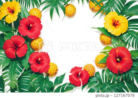 パイナップルと南国の花で彩るフレーム 127167079