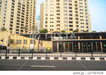 Dubai, UAE - September 29, 2024 Jumeirah Beach Residence 2 Tram Station, outdoors on a summer day. Editorial 127167420