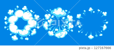 Exploding cartoon cloud vector with comic-style radial burst and puff elements on blue background. Cloud and explosion vector shapes in cartoon comic style. Great for effects, games, posters 127167666