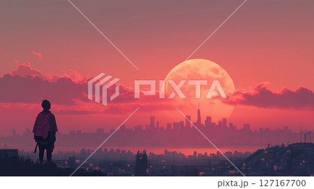夕焼け空に浮かぶ満月と東京の都市シルエット 夕焼け空に浮かぶ満月と東京の都市シルエット 127167700