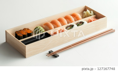Wooden Bento Box with Salmon Sushi Rolls and Nigiri 127167748