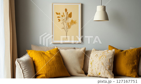 Modern Living Room with Warm Yellow Accents and Wall Art 127167751