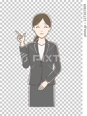 正面をむいて指をさし微笑む女性 127167809