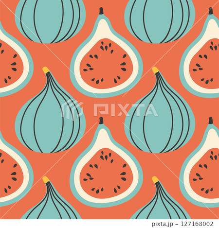 Fig summer pattern on red background. Simple seamless pattern with figs. Vector design for greeting card and invitation of seasonal summer holiday 127168002