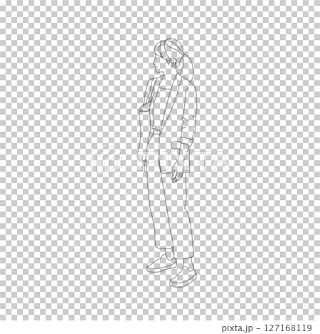 一位身穿西裝的女士站立並聆聽解釋的線條畫插圖 一位身穿西裝的女士站立並聆聽解釋的線條畫插圖 127168119