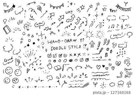 アイコンや気づきーあしらいに使える手描きのシンプルでかわいいモノクロイラストセット　 127168168