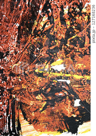 Thick red black and yellow paint in a scribbled abstract background 127168236