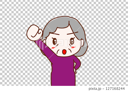 (Front view of upper body) An elderly woman with a determined look on her face raising her right hand and shouting "Yay!" 127168244