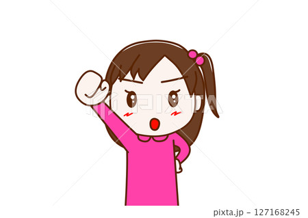 （上半身正面）気合を入れた顔でエイエイオーと右手をあげる少女 127168245