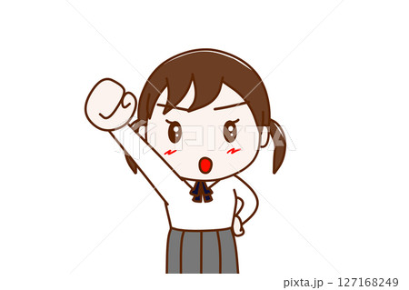 (上半身正面)気合を入れた顔でエイエイオーと右手をあげる女子学生 (上半身正面)気合を入れた顔でエイエイオーと右手をあげる女子学生 127168249