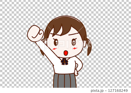 (上半身正面)気合を入れた顔でエイエイオーと右手をあげる女子学生 (上半身正面)気合を入れた顔でエイエイオーと右手をあげる女子学生 127168249