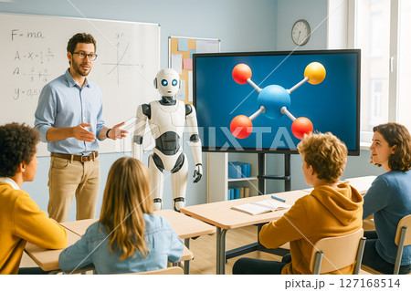 A diverse student group in a modern classroom observes a male teacher and a humanoid robot collaborating on a STEM lesson about molecular structures 127168514