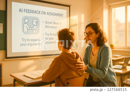 Teacher supports student analyzing AI feedback on school assignment, showcasing digital learning and personalized educational development 127168515