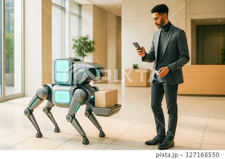 Futuristic delivery robot brings a package to a businessman using a smartphone in a sleek office, representing smart automation and modern logistics 127168550