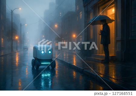 Autonomous delivery robot on a rainy urban street at night, delivering packages to a waiting person, representing future smart last-mile logistics 127168551