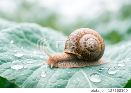 Garden snail gracefully navigating a fresh green leaf, adorned with sparkling water droplets, creating a serene natural scene with ample copy space for environmental themes Garden snail gracefully navigating a fresh green leaf, adorned with sparkling water droplets, creating a serene natural scene with ample copy space for environmental themes 127168560