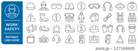 Work safety equipment editable line icons set. Safety icon symbol collection. Essential construction and industry signs. Safety and health protection equipment. Vector illustration image. Isolated Work safety equipment editable line icons set. Safety icon symbol collection. Essential construction and industry signs. Safety and health protection equipment. Vector illustration image. Isolated 127168609