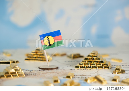 New Caledonian flag on a global map, surrounded by gleaming gold bars, symbolizing economic resources, global wealth, and financial investment with copy space 127168804