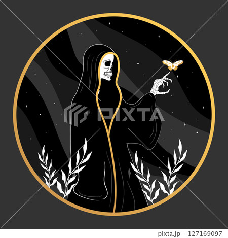 Death skeleton in a cassock emblem. Mystery, astrology, esoteric. Vector illustration 127169097