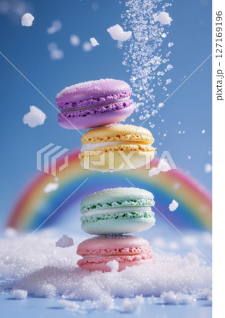 Macarons stacked in a dreamy cotton candy cloud scene with a rainbow 127169196