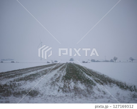 Snowy field with a windmill in the background 127169312