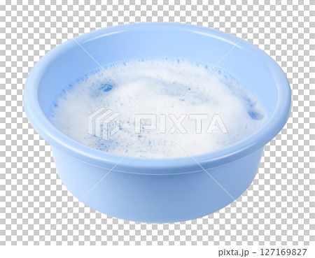 Light Blue Plastic Basin with Soapy Water 127169827