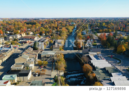 Aerial view of Fergus, Ontario, Canada in colorful fall Aerial view of Fergus, Ontario, Canada in colorful fall 127169898