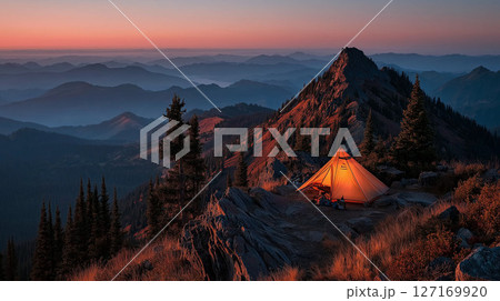 山頂で夕暮れを迎えるオレンジ色のテントと広がる山並みの絶景 127169920