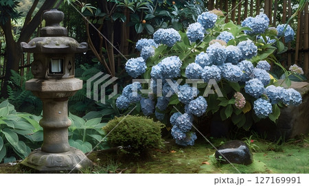 紫陽花と石灯籠が織りなす日本の庭園風景 127169991