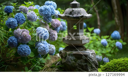 紫陽花と石灯籠が織りなす日本の庭園風景 127169994