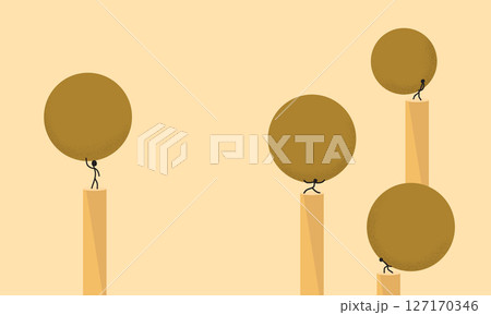 Minimalist Illustration of a Group of People Lifting a Spheres with Difficulty, on a Pillars, with Another Person Lifting it Easily. Symbolizes an Experience That Creates Ease and Strength Minimalist Illustration of a Group of People Lifting a Spheres with Difficulty, on a Pillars, with Another Person Lifting it Easily. Symbolizes an Experience That Creates Ease and Strength 127170346