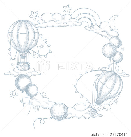 Vector illustration of round Frame with hot air Balloons, clouds, stars and garlands. Linear drawing of circular border for Baby shower greeting cards or childish birthday invitations. Art of wreath. 127170414
