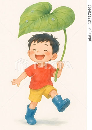 大きな葉っぱの傘で雨の中を遊ぶ長靴姿の元気な男の子のイラスト 127170466