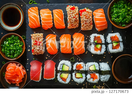 Fresh sushi ingredients arranged beautifully on a dark surface at a vibrant kitchen setting 127170673