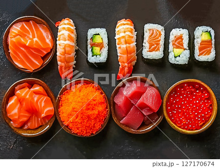 Fresh sushi ingredients arranged beautifully on a dark surface at a vibrant kitchen setting 127170674