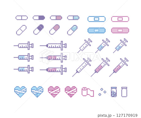 ドット絵　かわいい治療イラストセット　カプセル剤　注射器　錠剤　包帯　ピクセル 127170919