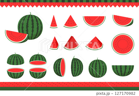 スイカのベクターイラストセット。大玉の西瓜とカットされたすいか。スイカ柄のシームレスパターンと装飾。 スイカのベクターイラストセット。大玉の西瓜とカットされたすいか。スイカ柄のシームレスパターンと装飾。 127170982