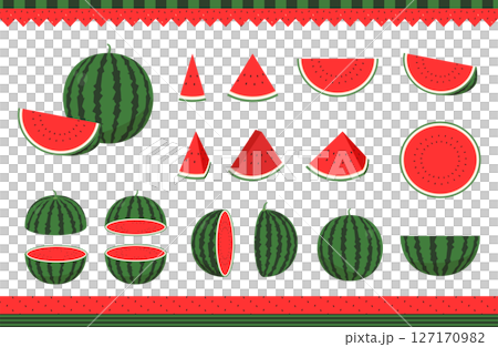 スイカのベクターイラストセット。大玉の西瓜とカットされたすいか。スイカ柄のシームレスパターンと装飾。 スイカのベクターイラストセット。大玉の西瓜とカットされたすいか。スイカ柄のシームレスパターンと装飾。 127170982